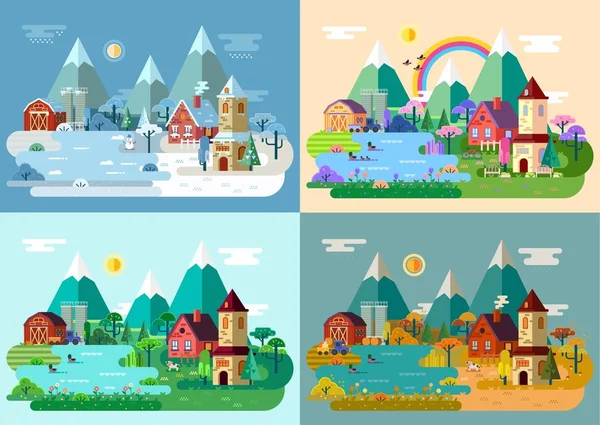 Village en été, hiver, automne, printemps.Panorama — Image vectorielle