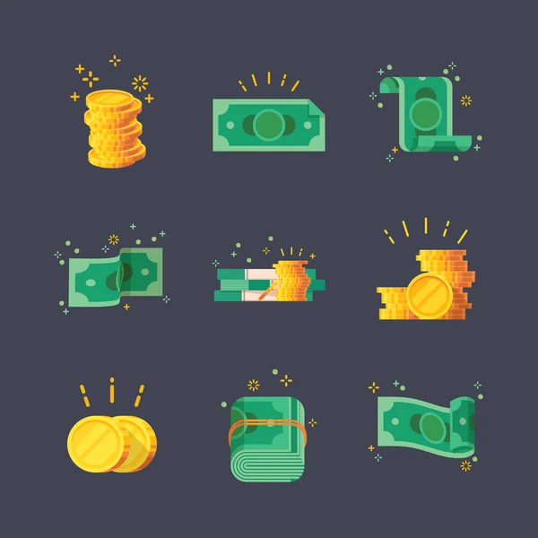 Ikony dolarové bankovky s zlaté mince. — Stockový vektor