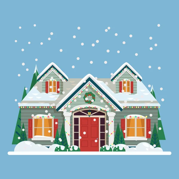 Gård med hus eller hem inredda för nyår — Stock vektor