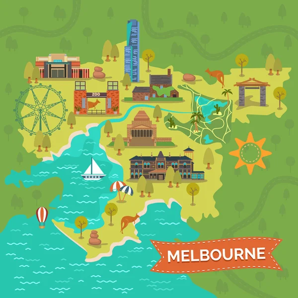 観光のランドマークとメルボルン、オーストラリア地図 — ストックベクタ