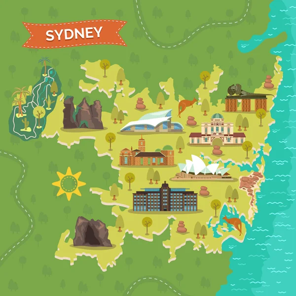 悉尼地图, 有观光地标. — 图库矢量图片
