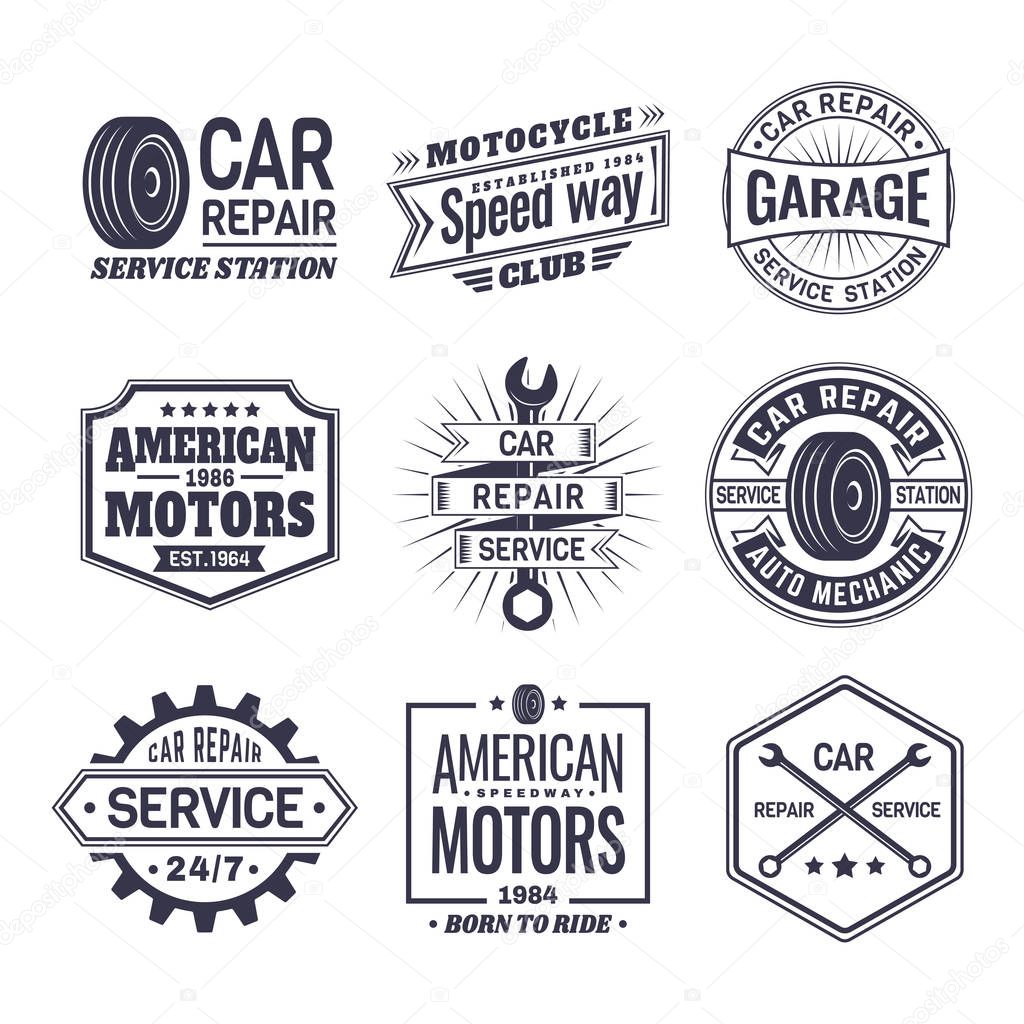 Labels with wheel for car repair service. Set of isolated logo for vehicle mechanic and icons for motorcycle maintenance station, classic symbol for garage servicing. Vintage automobile sticker