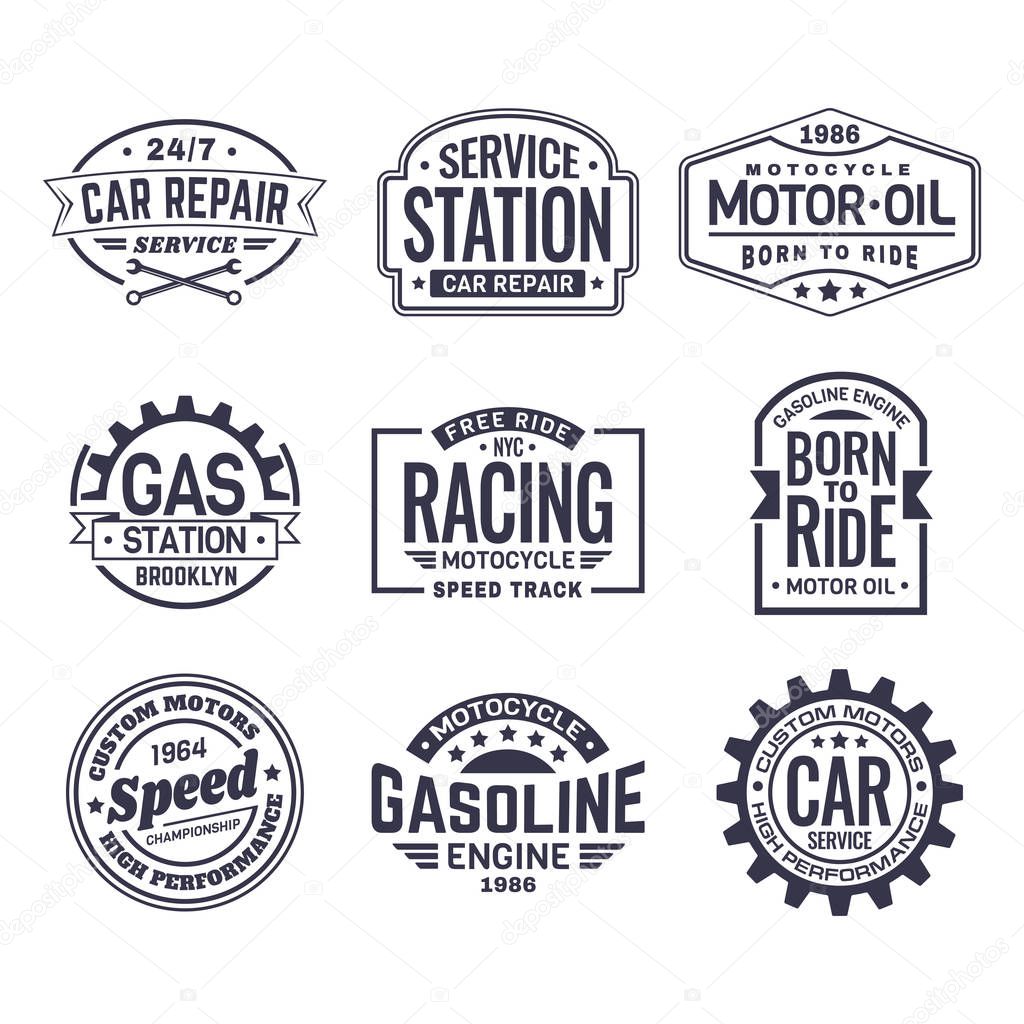 Set of isolated logo for car repair service station and motor oil maintenance labels, retro racing club icon and vintage gas station sign, american motors logotype. Vehicle and automobile theme