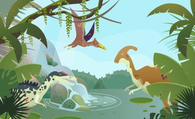 Tarih öncesi dinozorlarla doğa manzara