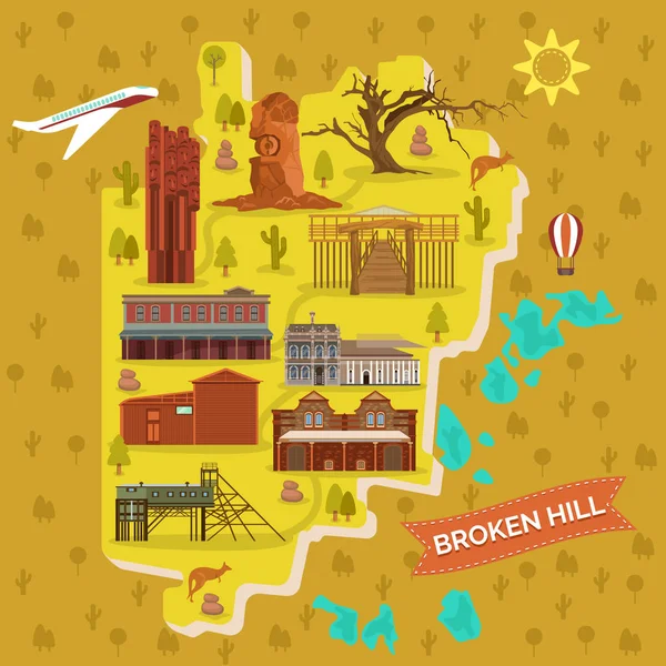 Gebroken Hills kaart, de beroemde bezienswaardigheden Australië — Stockvector