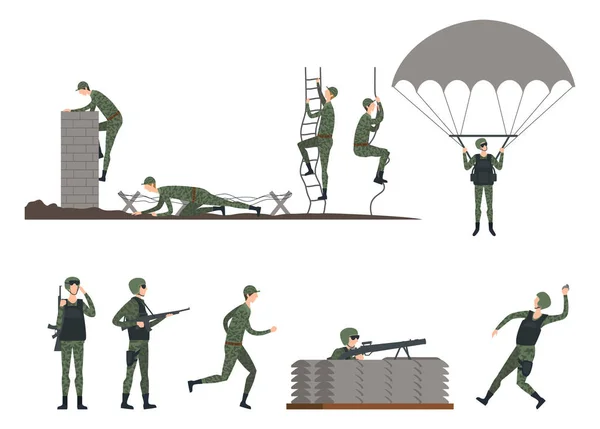 Conjunto de soldados aislados haciendo ejercicios. Militar Ilustración de stock