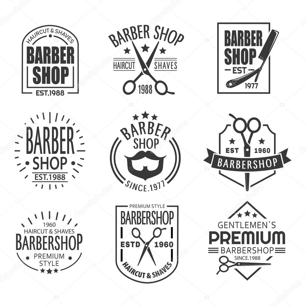 Set of isolated barber shop signboards or vintage barbershop signs. Brand insignia for haircut and shaving gentleman salon. Banner or sticker for professional comb advertising. Branding and business