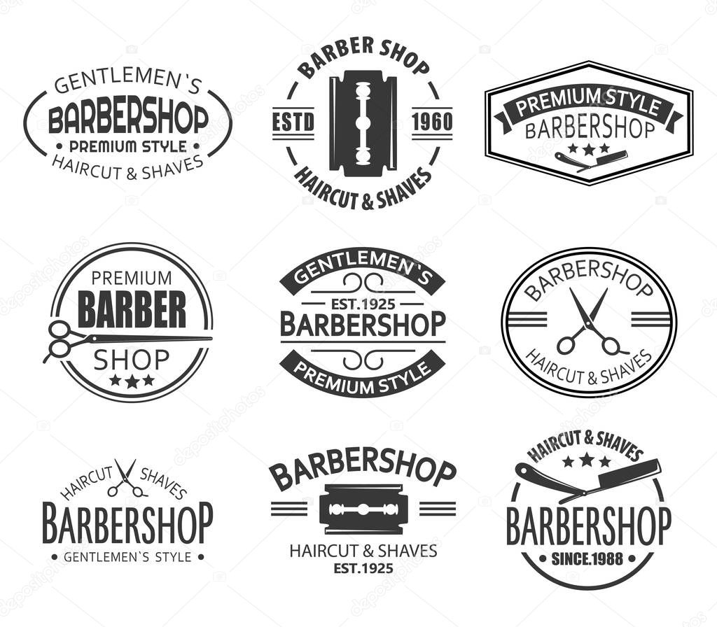 Logo for barbershop or set of isolated branding signs for haircut and shaving saloon. Logotype with scissors for gentleman comb. Man advertising and branding, classic ads for premium business