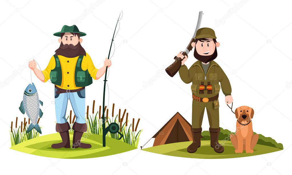 Hunter and fisherman. Hunt man and fisher with rod