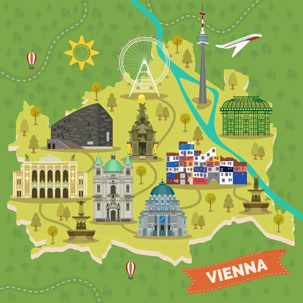 Kaart van de reizen van Wenen met bezienswaardigheden — Stockvector