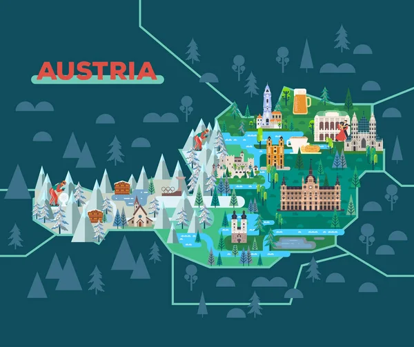 Mappa del viaggio con punti di riferimento dell'Austria . — Vettoriale Stock