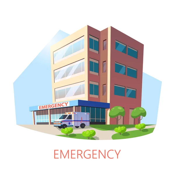 Edificio isométrico del hospital con ambulancia Vector de stock