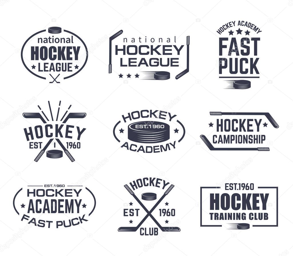 Set of isolated hockey logo with stick and puck. Vintage signs with stars for winter sport. Tournament or training club emblem, national league sign. Branding for clothing or game advertising theme