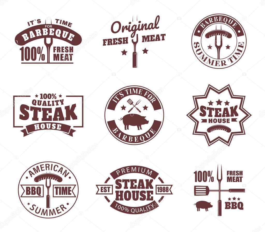 Set of isolated logo for meat restaurant. Icon for bbq shop or barbecue store. Sticker or banner for steakhouse with pig and sausage. Emblem with pork or sign with knife for bistro.Meal and food theme