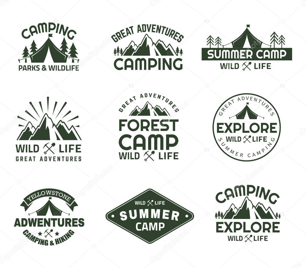 Set of isolated mountain in forest signs for camping club. Peaks for journey emblems, rocks for yellowstone travel badges. Hiking and outdoor sport, camping and adventure, expedition icons