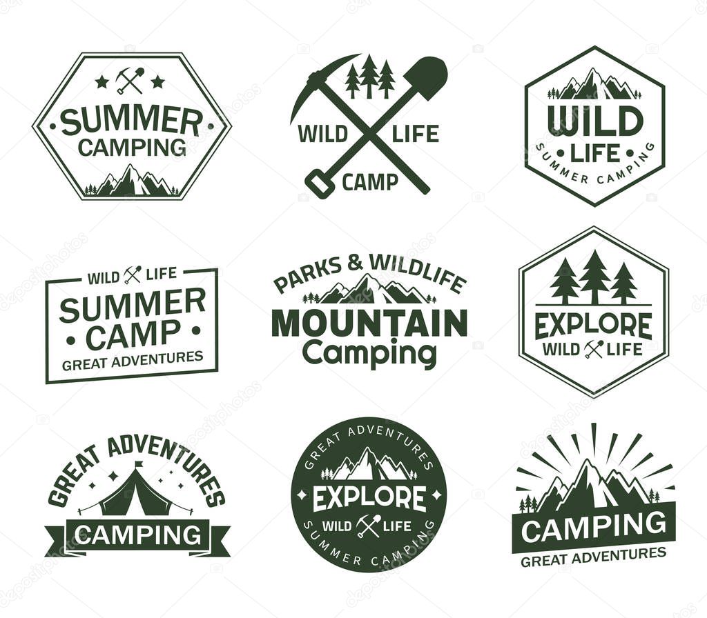 Set of isolated signs with mountains for summer camping. Rocks and wildlife signs for sport club, badge for alps or alpine climbing club. Camping and hiking, exploration and journey theme