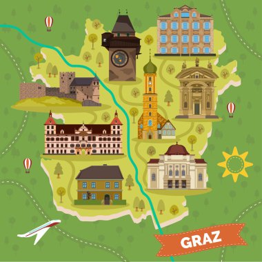 Graz town map with sightseeing landmarks clipart