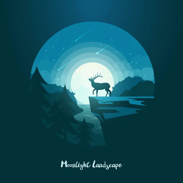 Deer or elk, moose on cliff at midnight landscape — Stock Vector