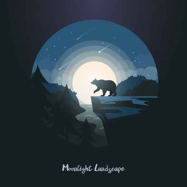 Midnight or night landscape with bear on rock — Stock Vector