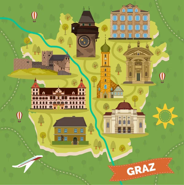 Graz mapa de la ciudad con monumentos turísticos — Vector de stock