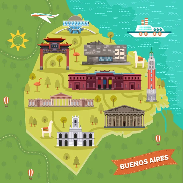 Argentine capitale Buenos Aires carte avec des monuments — Image vectorielle