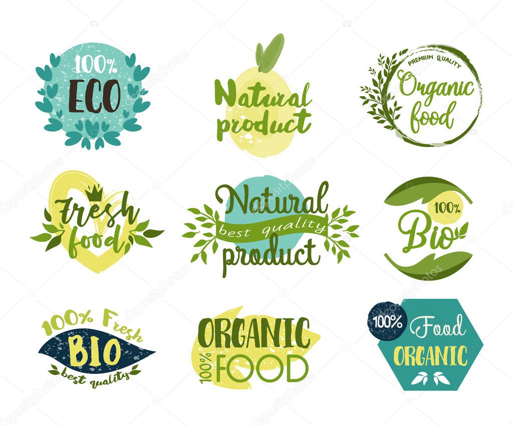 Set of isolated labels, stickers for organic food