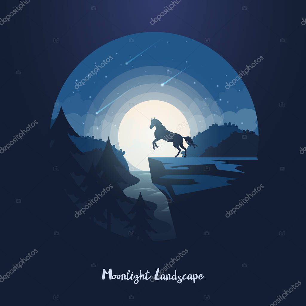 Dusk or night forest landscape with wild horse on rock or cliff above forest with river. Wildlife equine at midnight standing on mountain in front of moon and nightfall. Scenery and twilight panorama