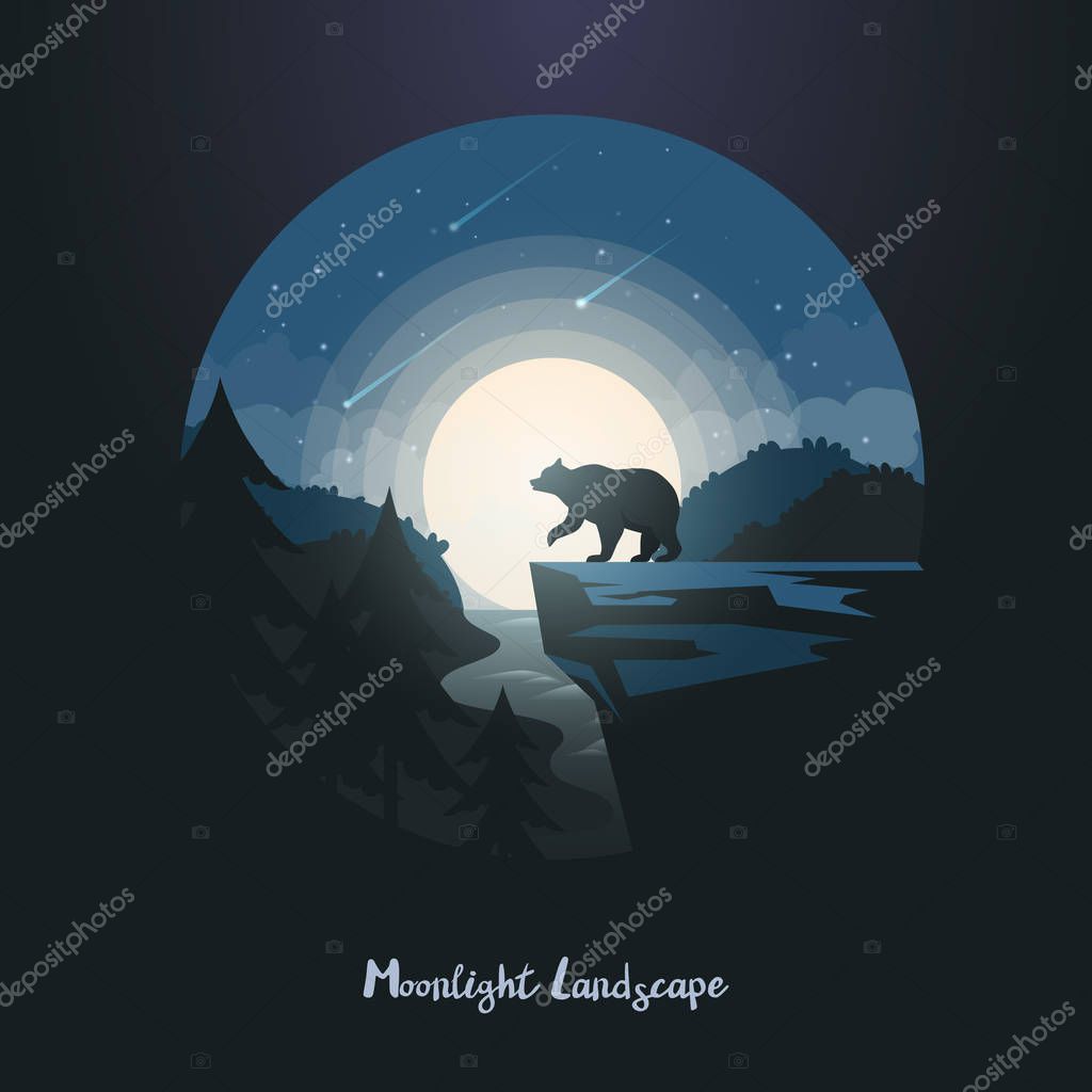Bear at cliff in night landscape. Grizzly standing on rock at forest with river. American animal at midnight panorama. Dusk or midnight, twilight wildlife nature with moon, meteor rain. Wildlife theme