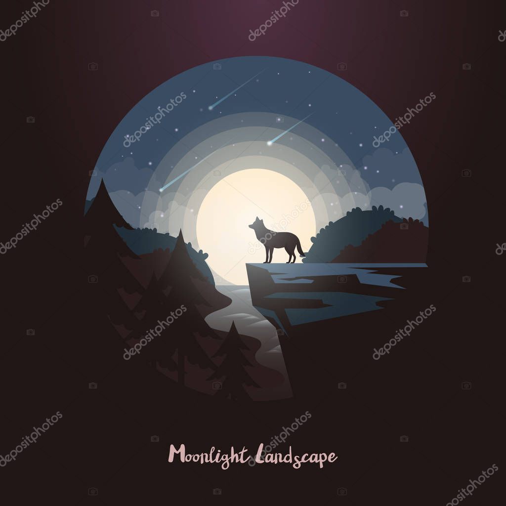 Night landscape in forest with wolf on rock. Wild dog howling in front of moon. Coyote at midnight wood near meteor rain. Wildlife and panorama, mystery and animal, night and nature theme