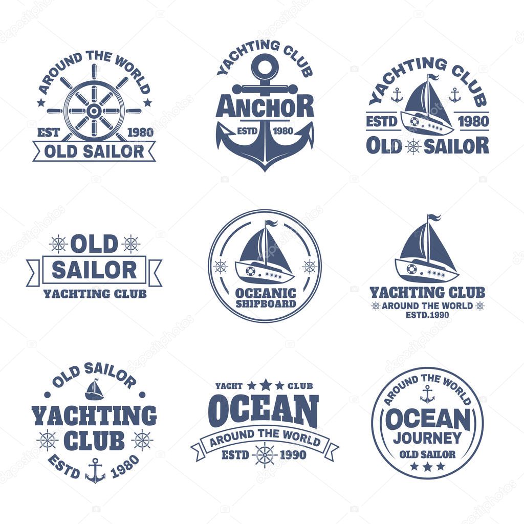 Set of isolated yacht and anchor, ship s wheel icons. Logo with boats or vessels for ocean journey. Signs for sailing trips or travels around the world. Sport sailing and ocean, nautical theme