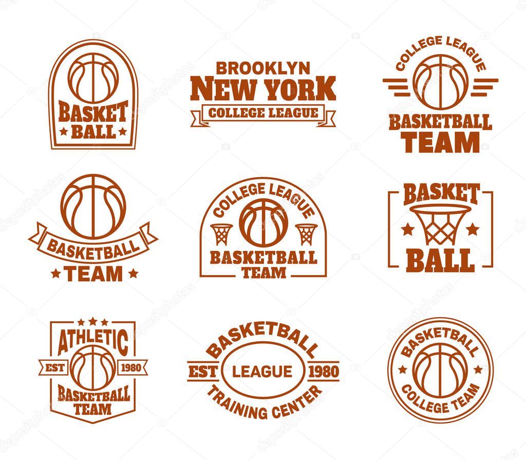 Set of isolated icons for basketball game. Athletic sport logo with basket and ball. Brooklyn New York college team badge. Urban or street, university or school team logotype design. Training club