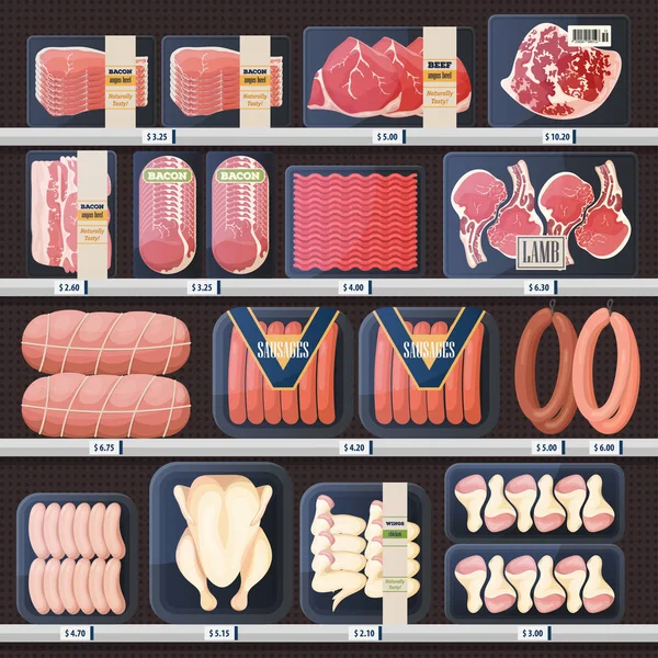 Vetrina con prodotti a base di carne e cartellini — Vettoriale Stock