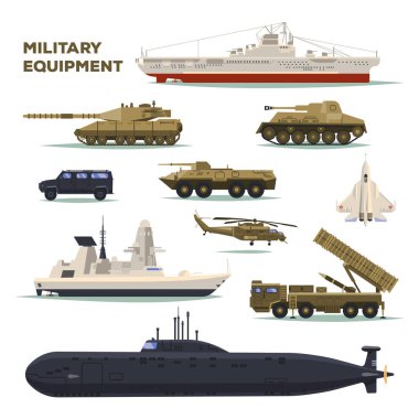 Set of isolated army or military vehicle,tank,ship clipart