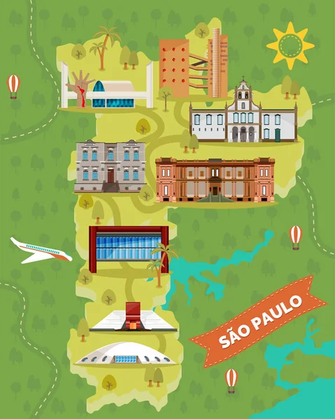 圣保罗地图与著名的地标。巴西地方 — 图库矢量图片