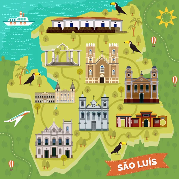 Landmarks on map of Sao Luis. Brazil sightseeing — Stock Vector
