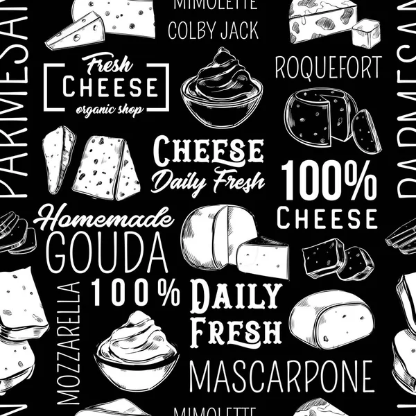 Seamless Pattern Hand Drawn Sliced Cheese Backdrop Tile Mozzarella Roquefort — Stock Vector