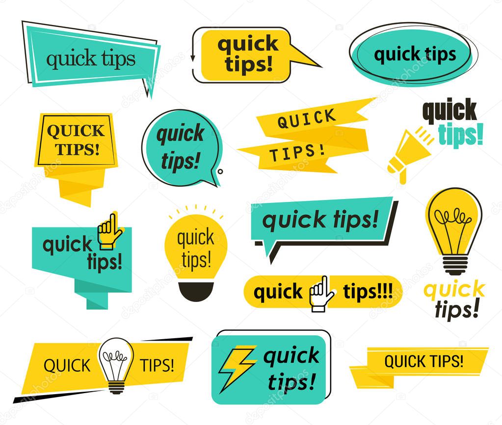 Set of isolated tips icons with hand and bulb, lamp and megaphone, phrases. Quick advice for website, exclamation incentive, info and trick, idea, suggestion service, help badge with text. Information