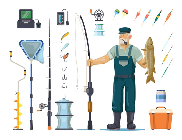 Pescador con peces cerca de poste, caña, gancho, aparejo — Vector de stock