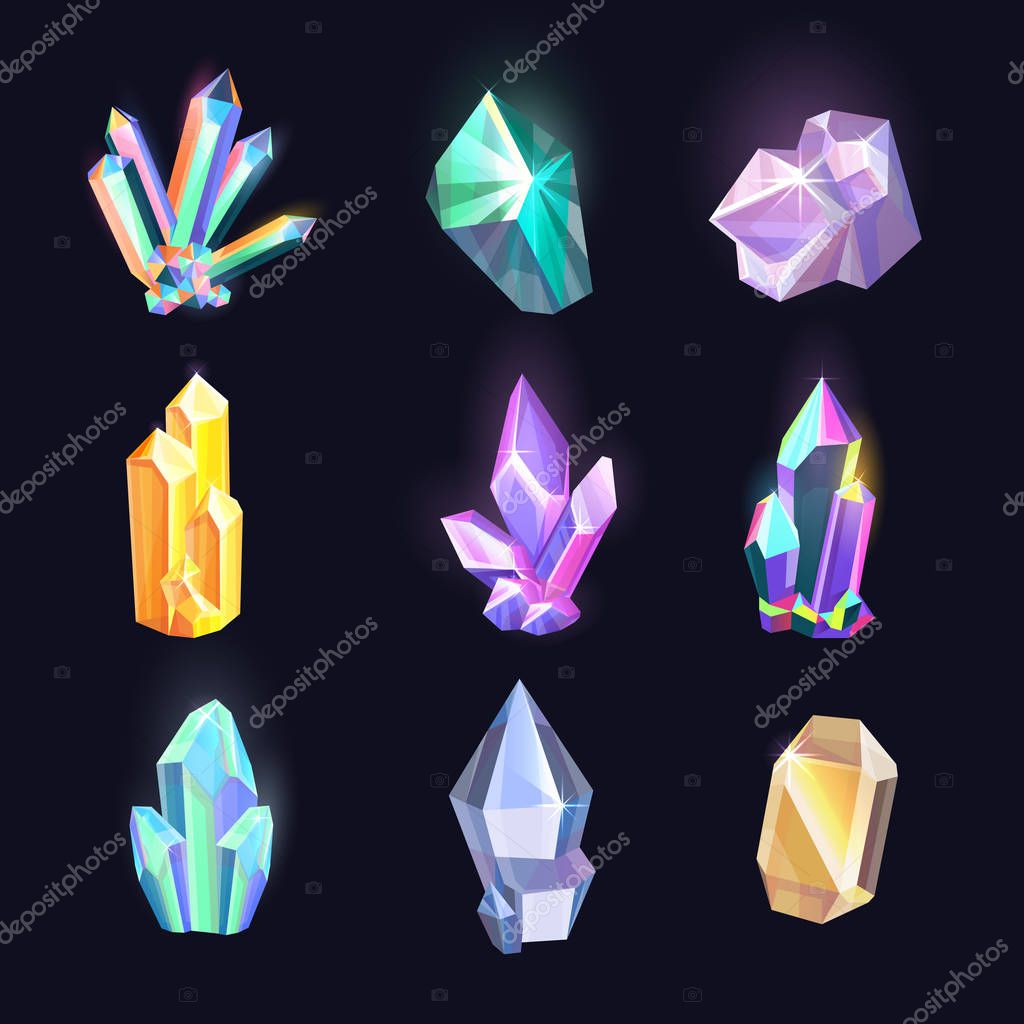 Set of isolated crystals or diamonds. Colorful icons of jewel or rock, shiny amethyst or glowing gem, gemstone logo or decoration mineral, polygon stone or quartz. Geometry and geology theme