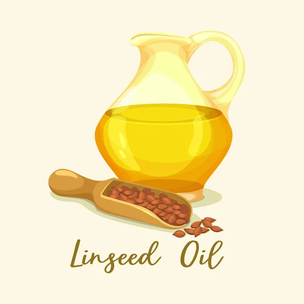 Linaza o linaza, aceite de lino en botella cerca de los granos — Vector de stock