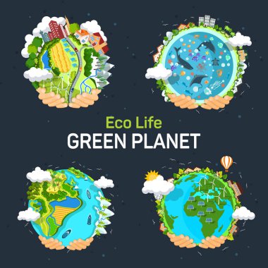 Gezegenler okyanus ve güneş panelleri ile holding eller