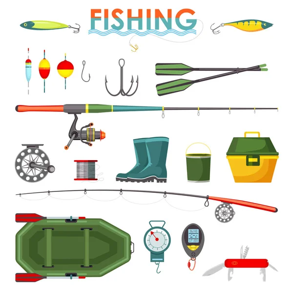 Conjunto de artículos o equipos de pesca aislados, varilla — Vector de stock