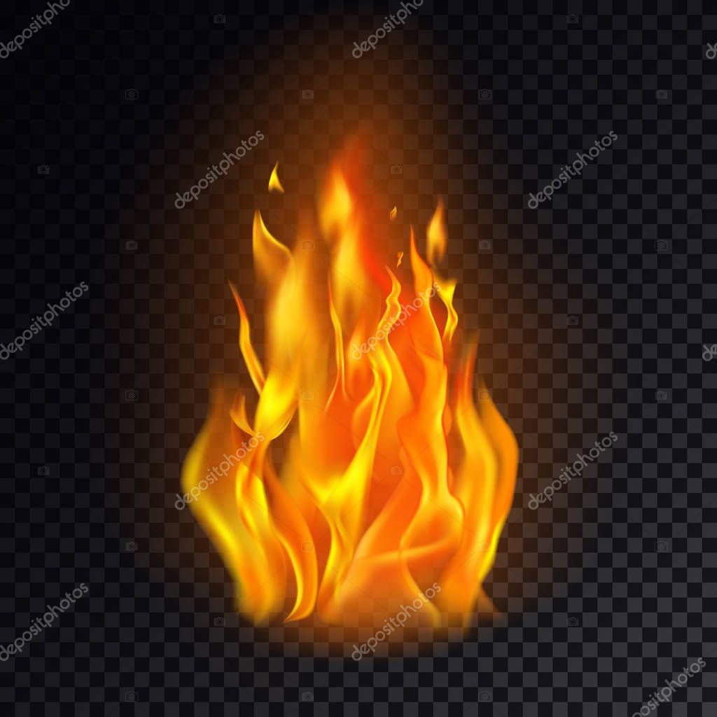Realistic fire or 3d flame, hot burn on transparent background. Flame emoji or orange heat icon, campfire logo or fireplace element. Concept for ignite and danger, energy and warning, warm and flash