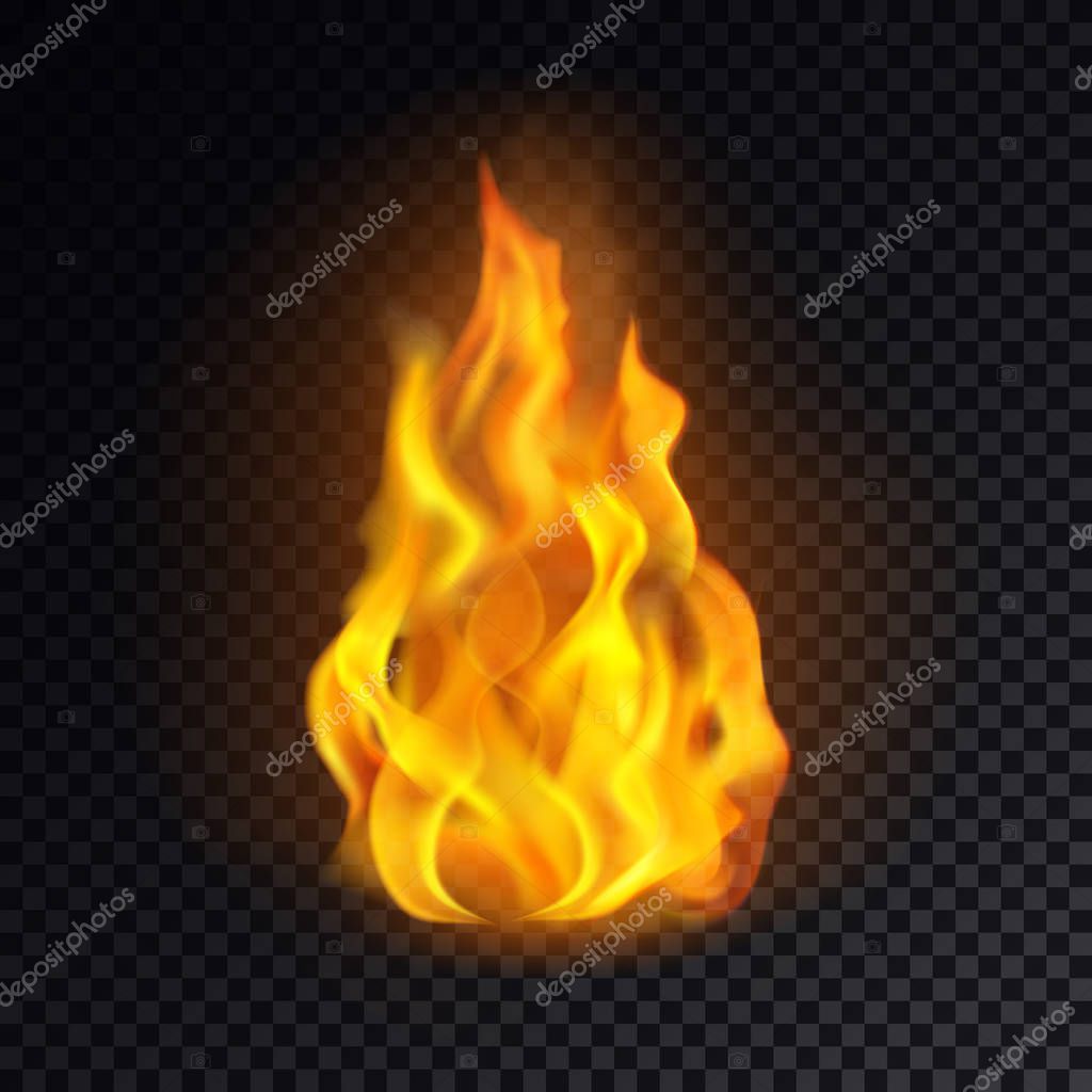 Flame icon or realistic fire emoji, lit emoticon or red bonfire logo, burn or blaze, yellow heat or campfire icon, cartoon spark or ignition. Concept of danger and burning, explosion and fireplace
