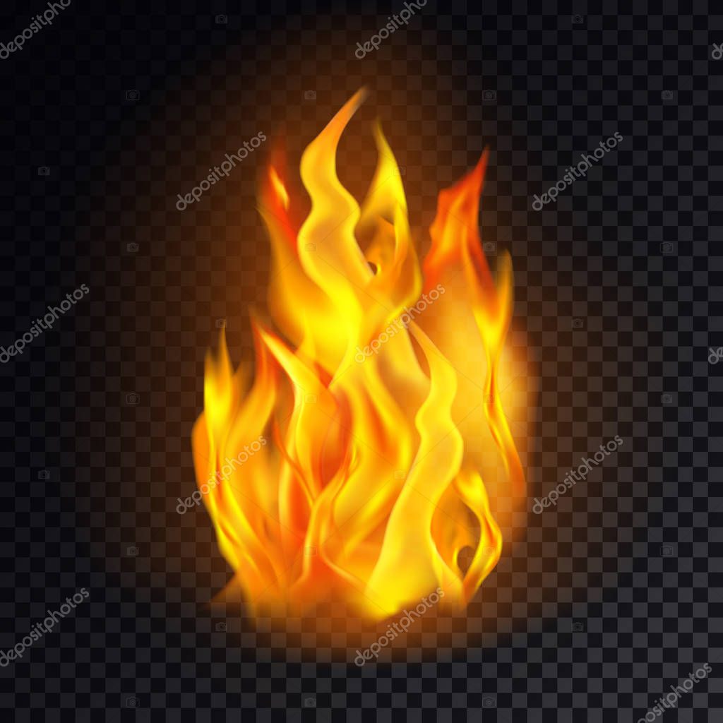 Realistic fire isolated on transparent background. Flame icon or burn emoji, heat or hot emoticon, bonfire or campfire graphic, red lit or flammable logo. Flaming and fireball, danger and hell clipart