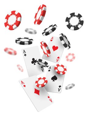 Gerçekçi veya 3D Casino yongaları ve as kartları uçan