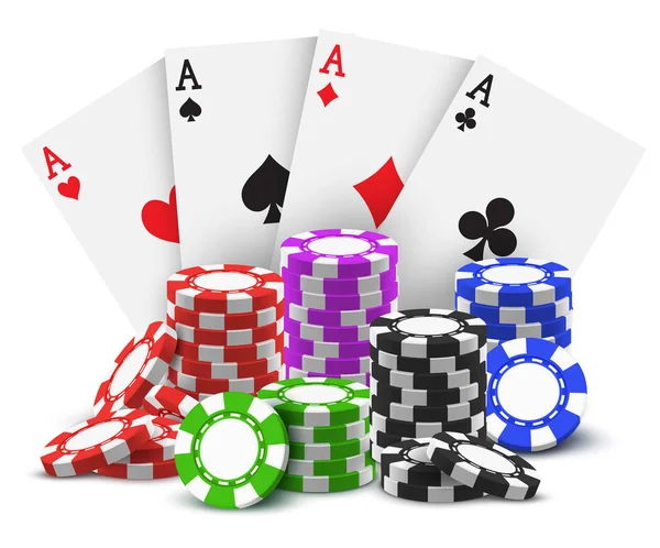 Игровые карты и стопка или куча фишек для покера — стоковый вектор