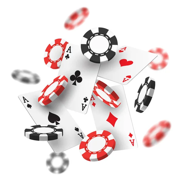 Banner voor casino met realistische rode, zwarte chips. — Stockvector