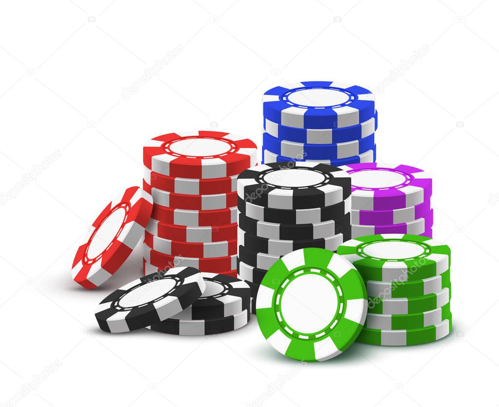 Heap of red, blue, black, green betting chips.