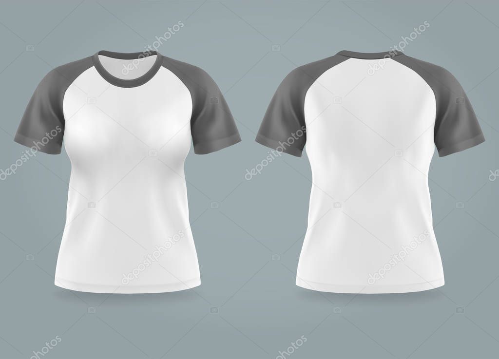 Download Isolated Front And Back Of Woman T Shirt Blank Women Shirt Template With U Neck And Gray Grey Sleeves Print Background 3d Wear Template Or Realistic Female Uniform Mockup Or Mock Up For Fashion